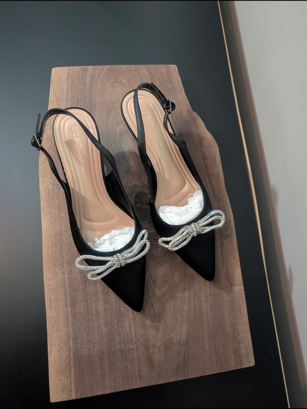 BCBGeneration Black Pointed Slingback Flats with Crystal Bow Kitten Heels